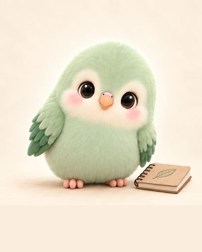 Coco, a mint-green baby parrot with a notebook