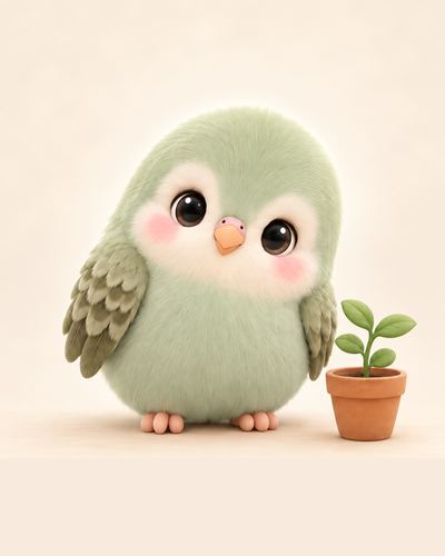 Fern, a sage-green baby parrot