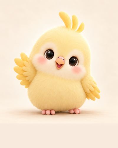 Miko, a fluffy yellow baby bird waving hello