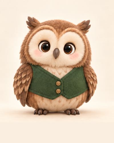 Teacher Olive, a brown baby owl in a green vest